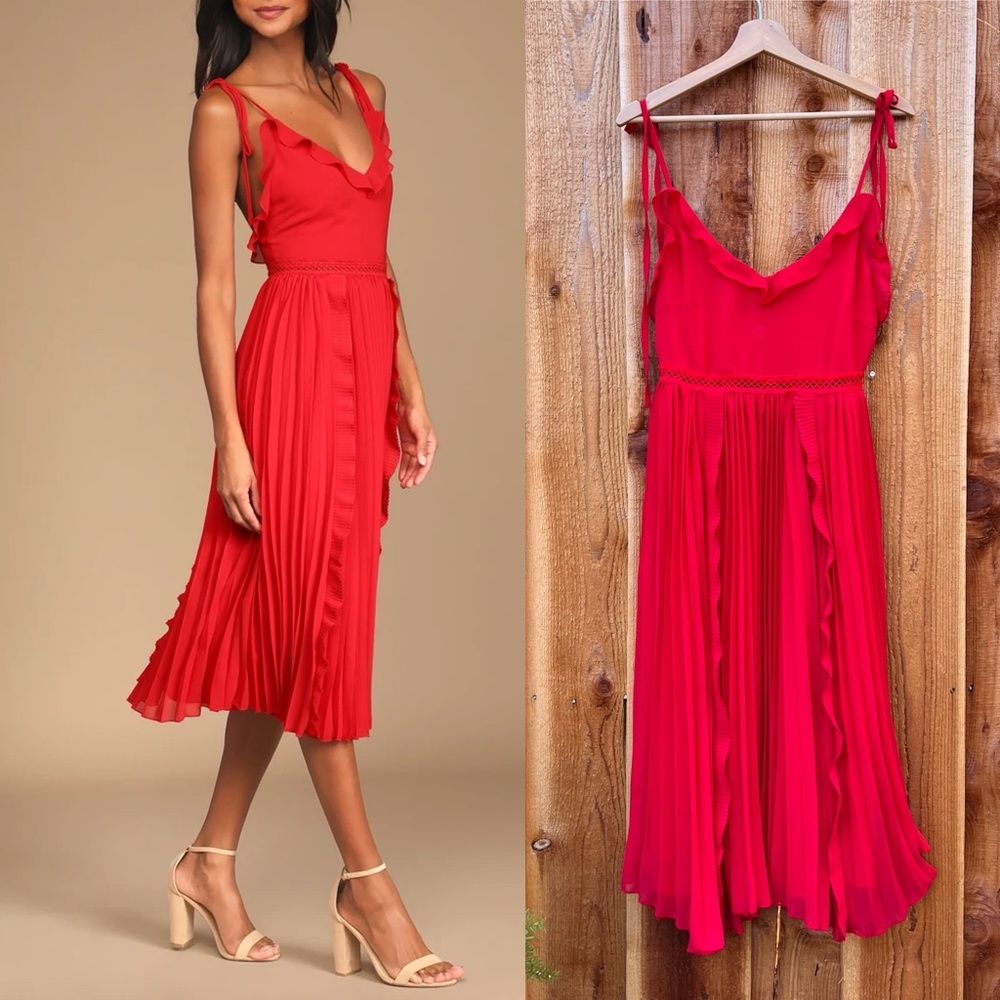 Bright Red Ruffle Pleated Tie-Strap Midi Dress 🌿